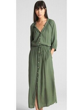 GAP Green Button Front Drapey Maxi Dress